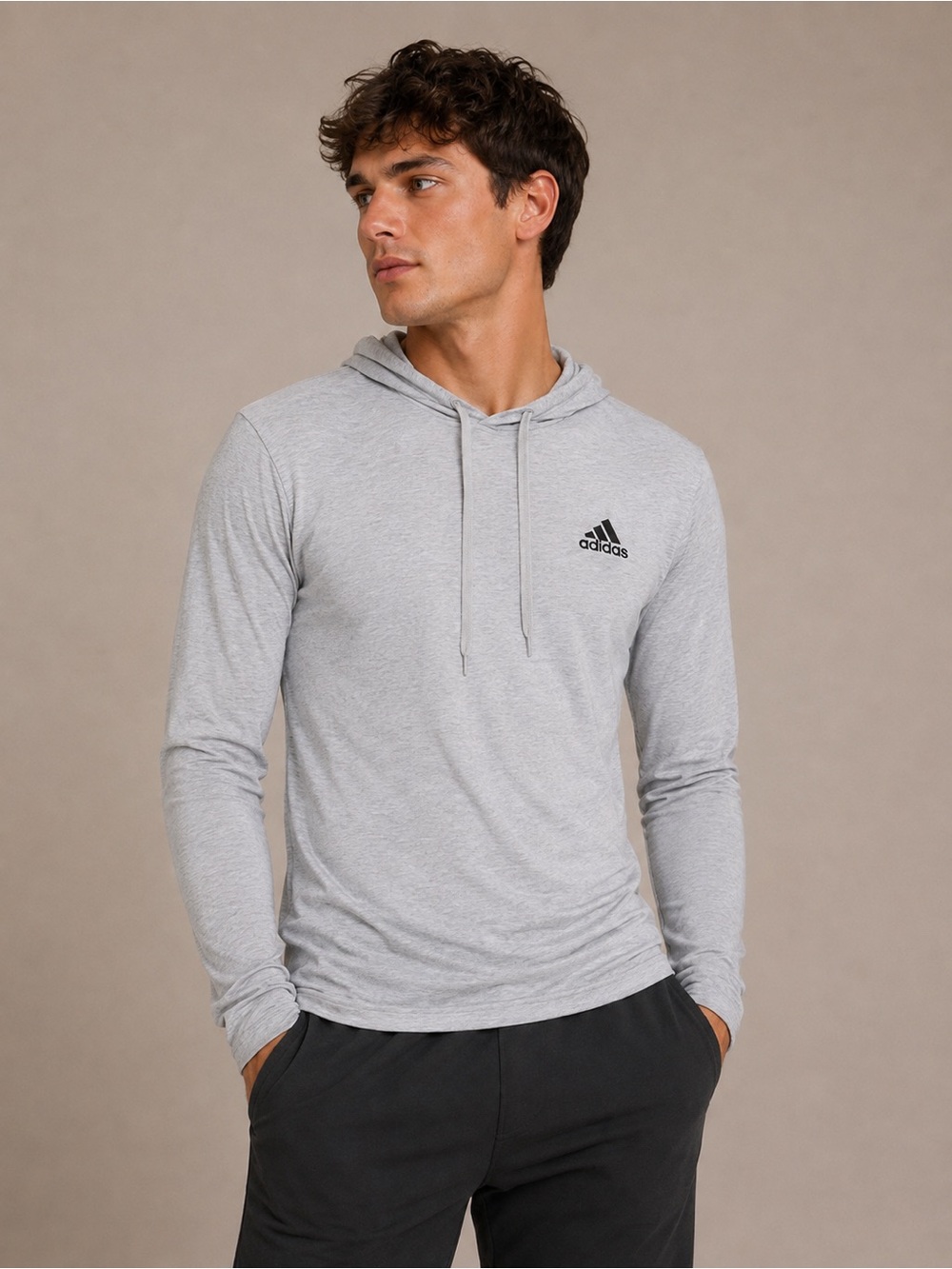 adidas men’s Light Gray Crewneck Hoodie with Black Logo- S